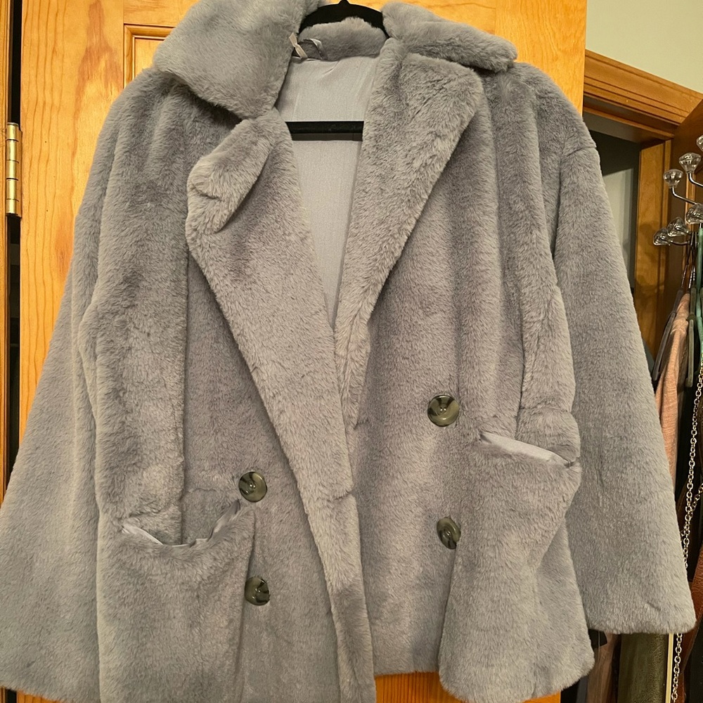 Free people faux fur light blue/grey jacket